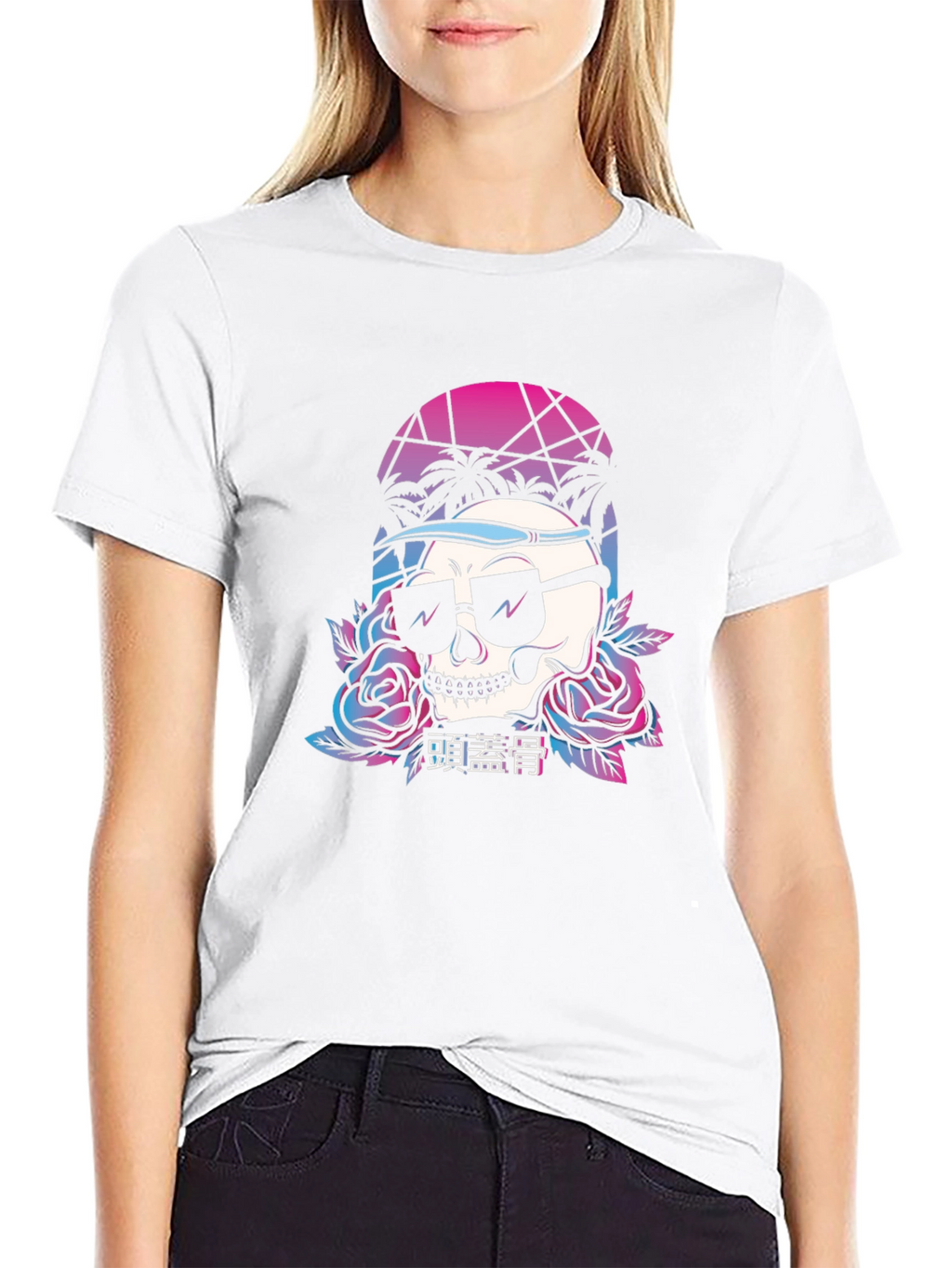 Retro Skull T-Shirt with Palm Trees and Roses