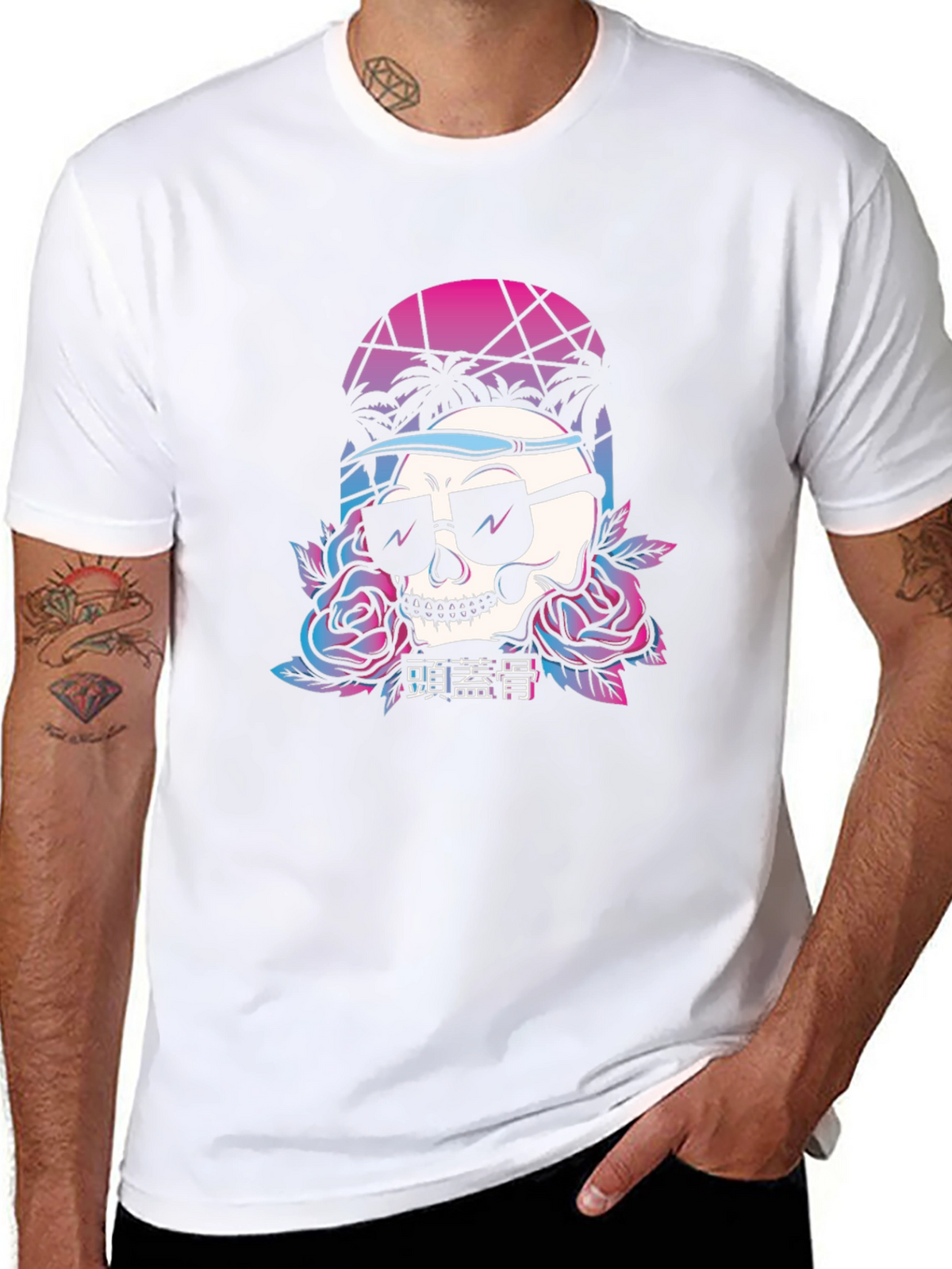 Retro Skull T-Shirt with Palm Trees and Roses