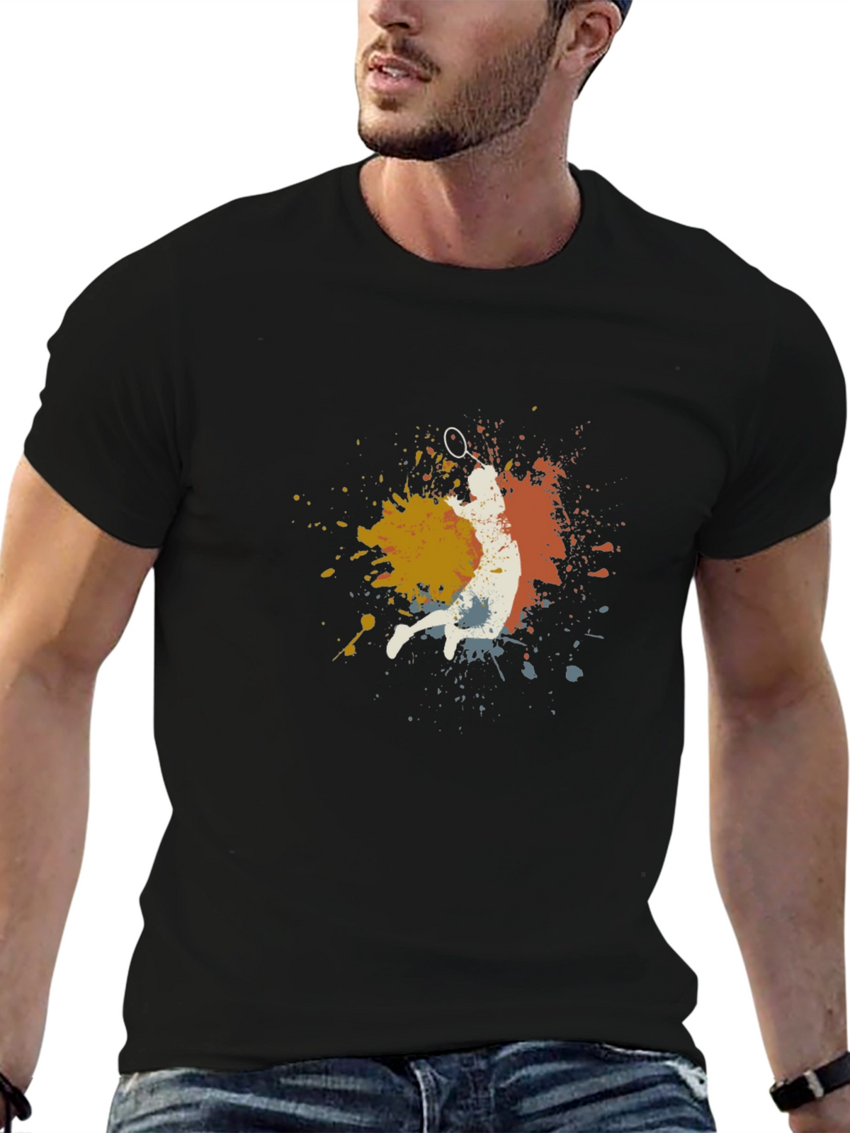 Badminton Player Graphic Tee - Black Cotton Blend T-Shirt
