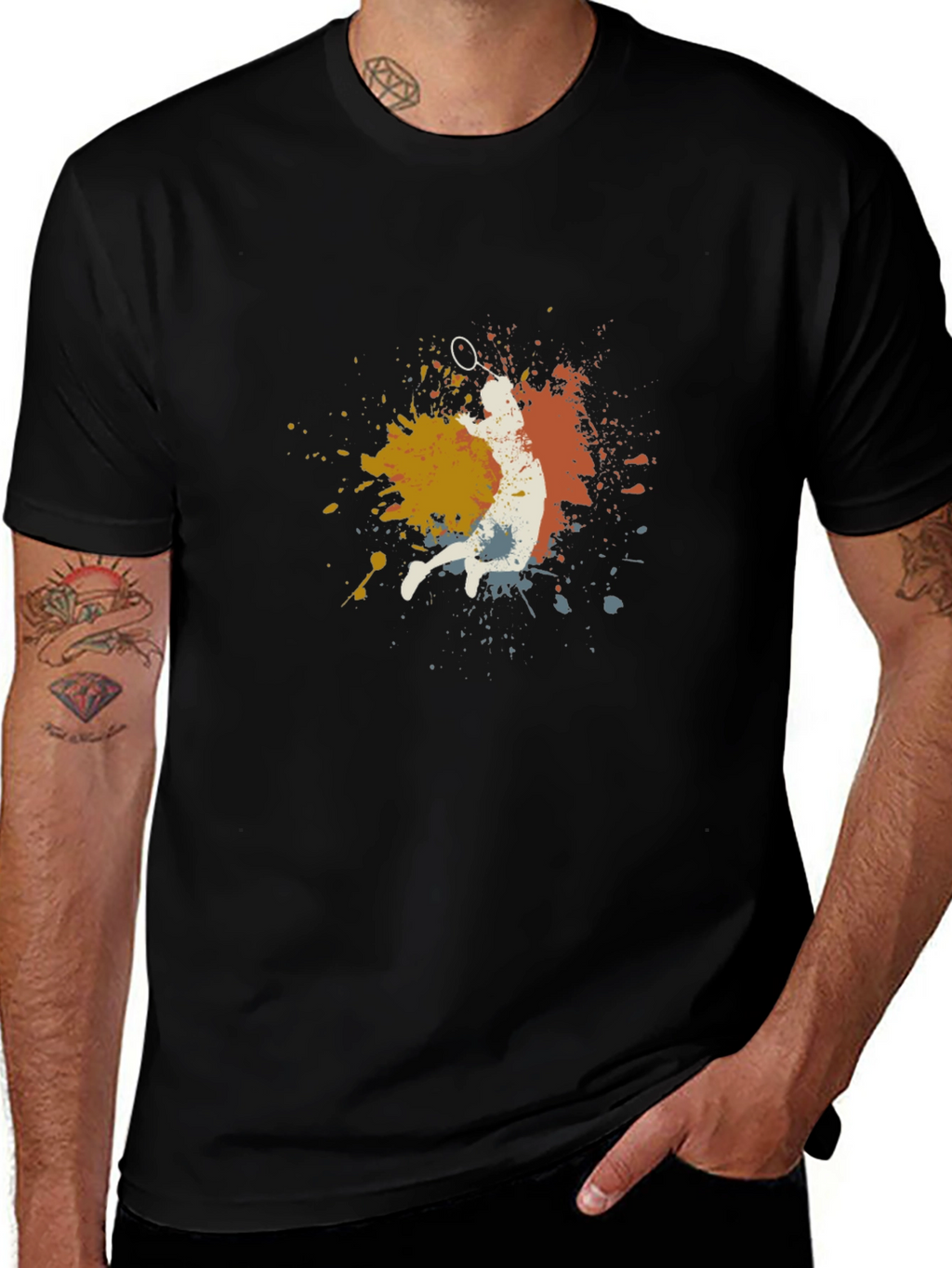 Badminton Player Graphic Tee - Black Cotton Blend T-Shirt