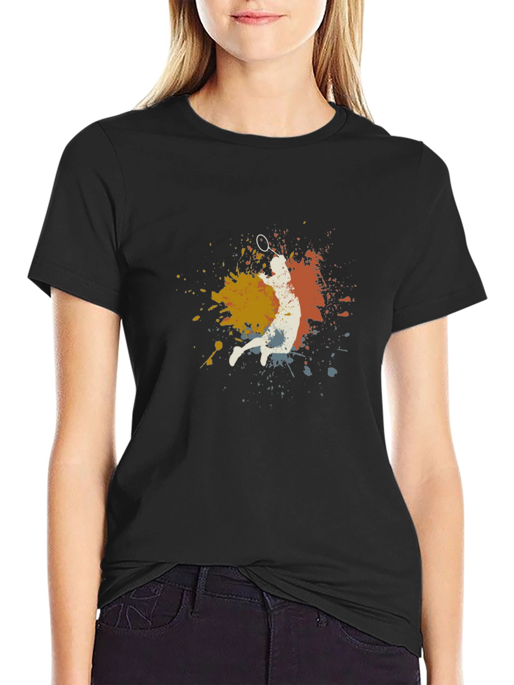 Badminton Player Graphic Tee - Black Cotton Blend T-Shirt