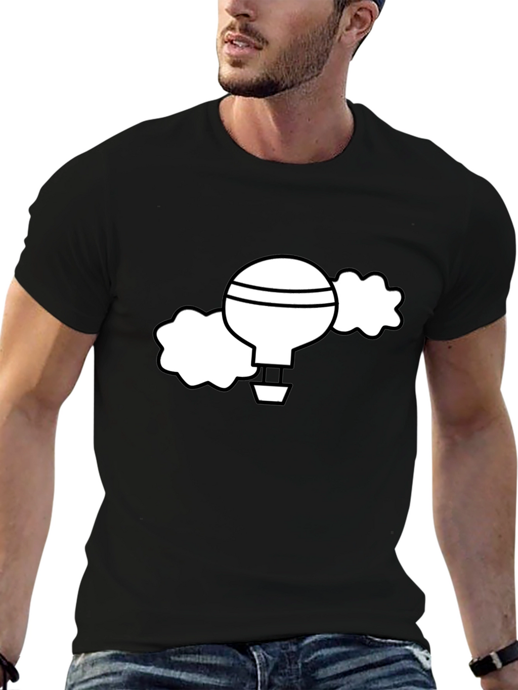Black T-Shirt with Whimsical Hot Air Balloon Graphic