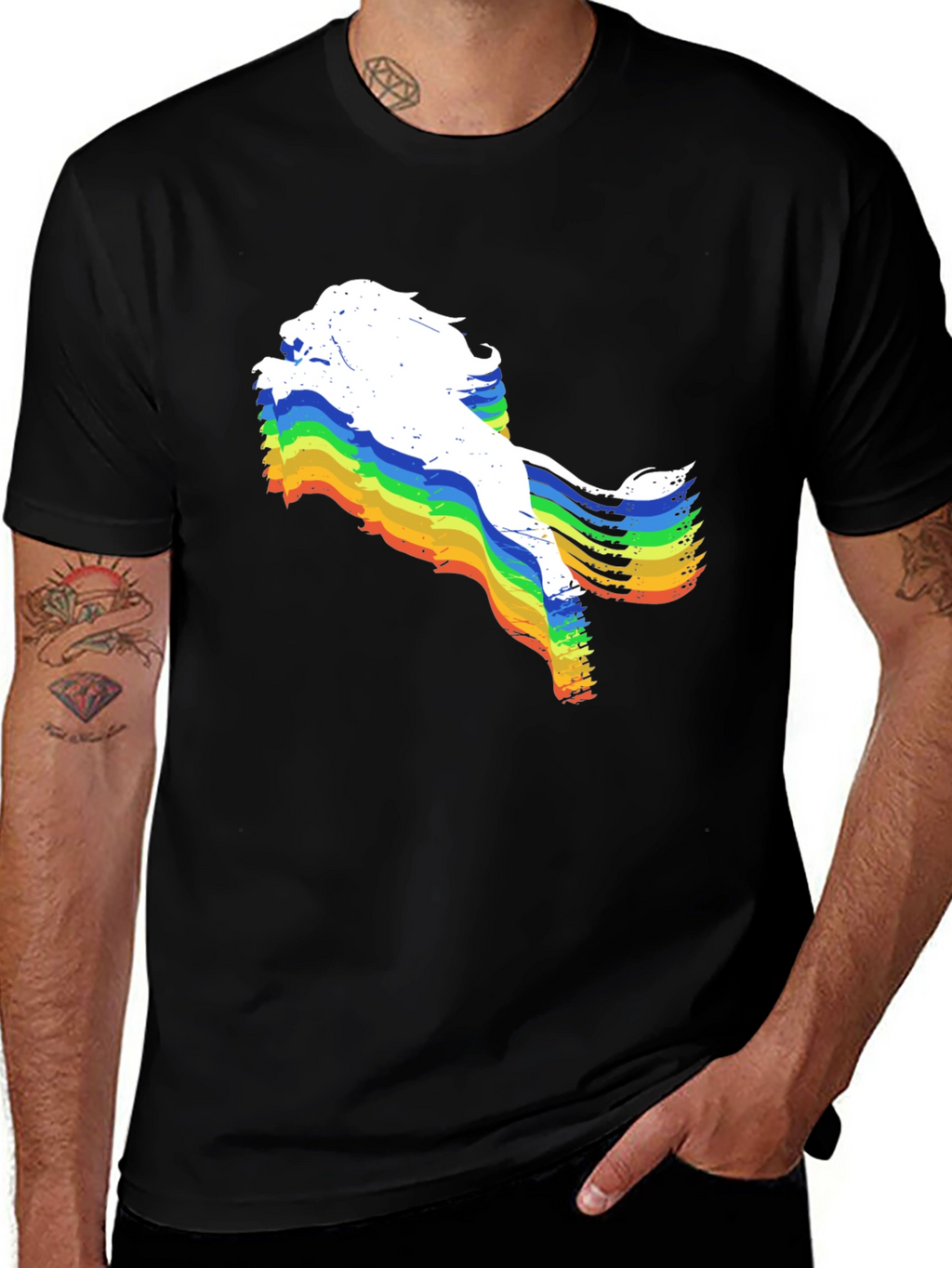 Rainbow Lion Graphic Tee - Unique Mens Black T-Shirt