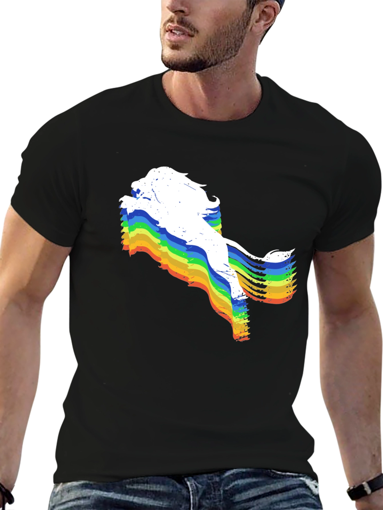 Rainbow Lion Graphic Tee - Unique Mens Black T-Shirt
