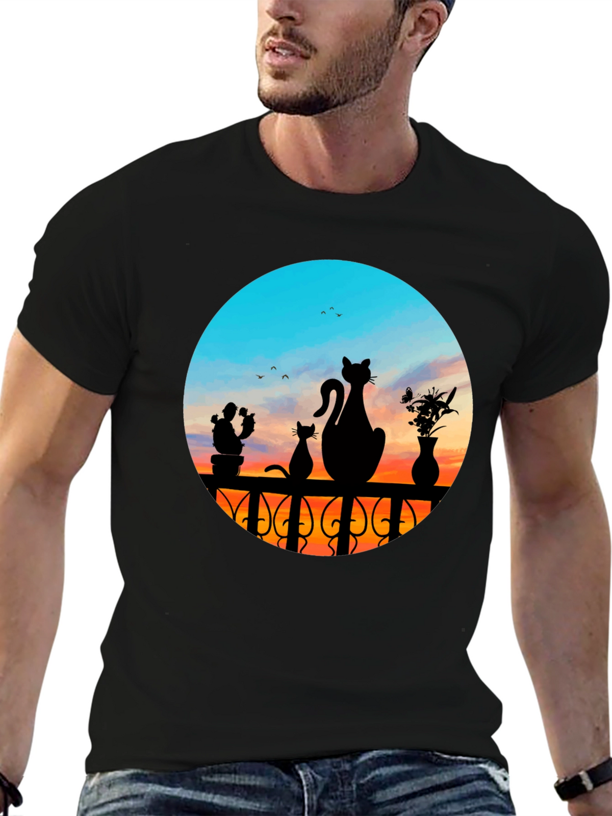 Cats at Sunset Graphic Tee - Black Cotton Blend