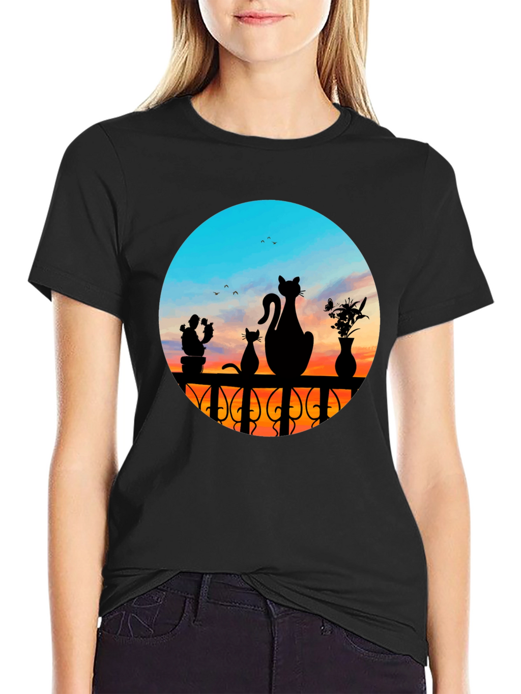 Cats at Sunset Graphic Tee - Black Cotton Blend