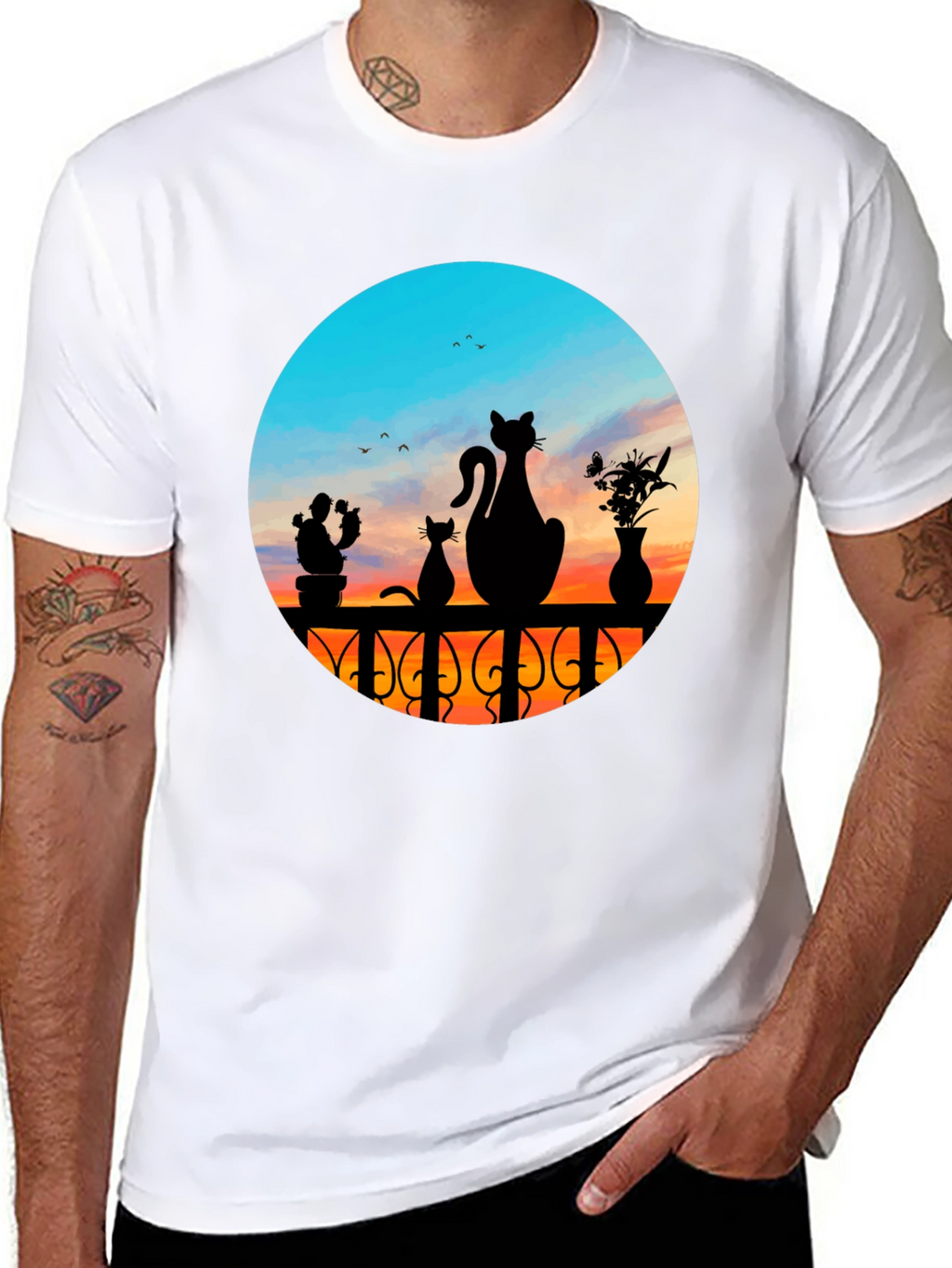 Cats at Sunset Graphic Tee - Black Cotton Blend