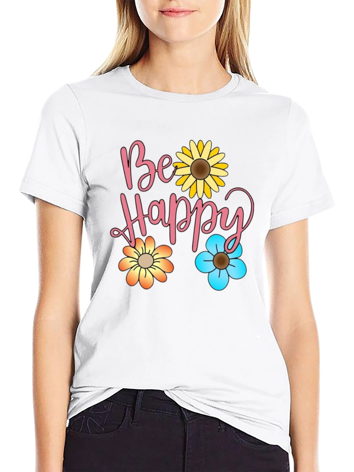 Be Happy Floral Print Black T-Shirt