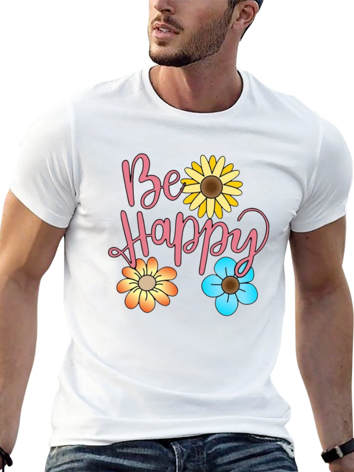 Be Happy Floral Print Black T-Shirt