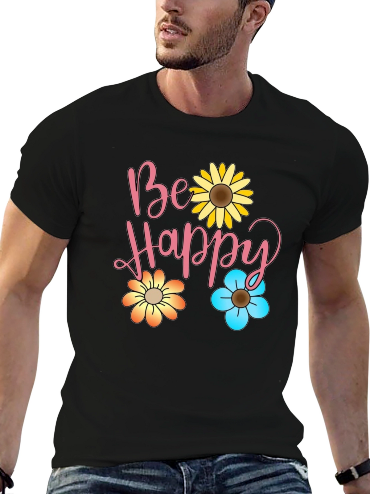 Be Happy Floral Print Black T-Shirt