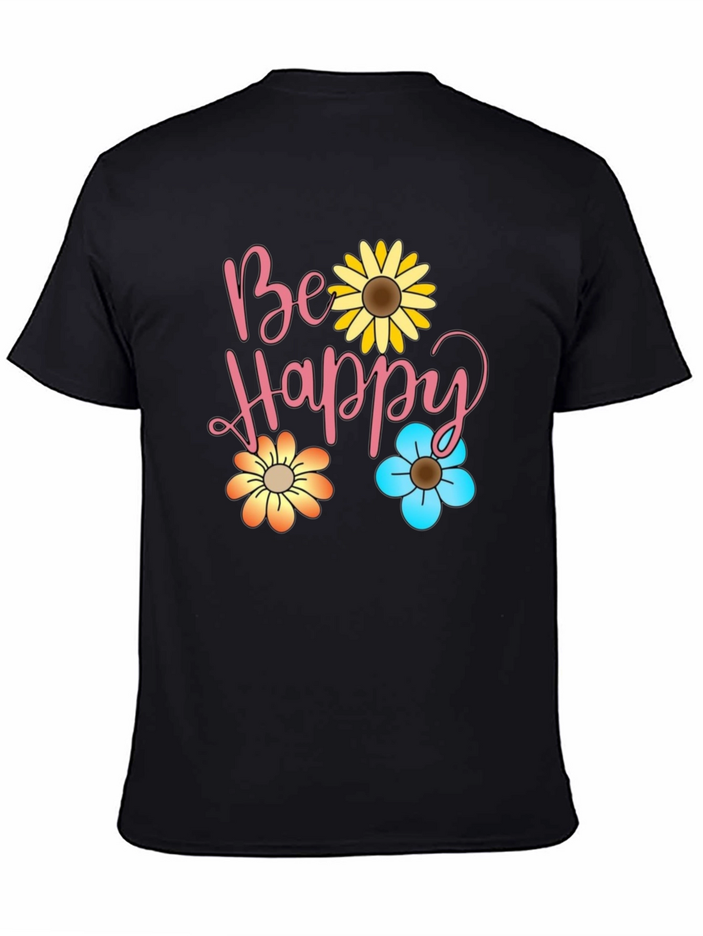 Be Happy Floral Print Black T-Shirt