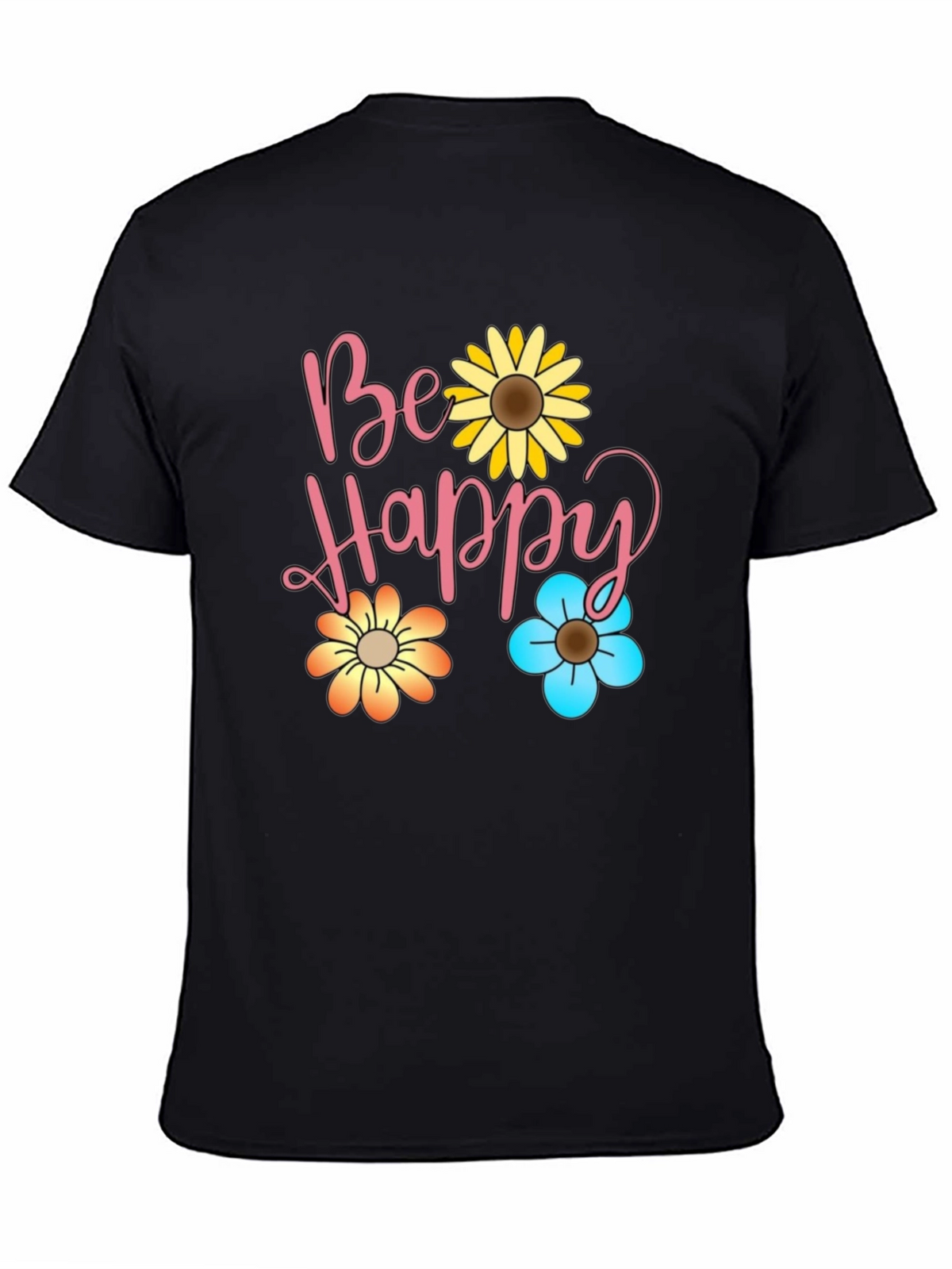 Be Happy Floral Print Black T-Shirt