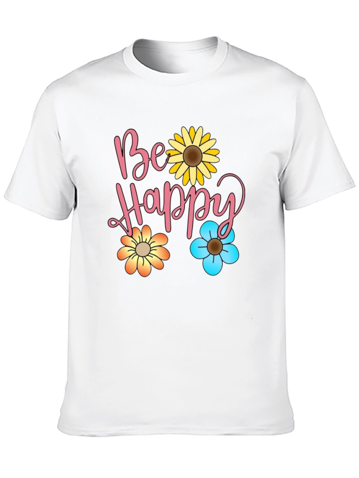 Be Happy Floral Print Black T-Shirt