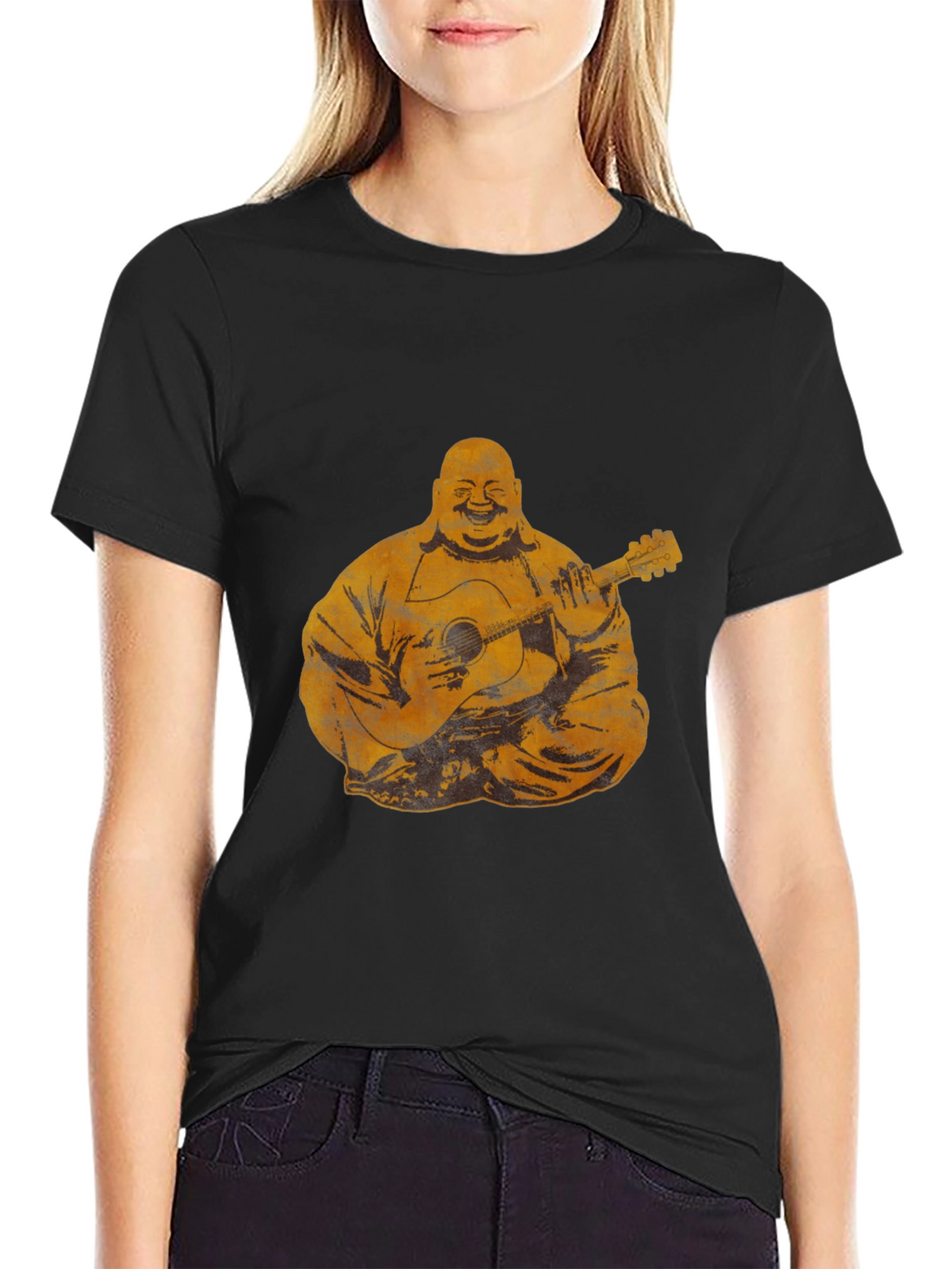 Buddha Playing Guitar Graphic Tee - Black