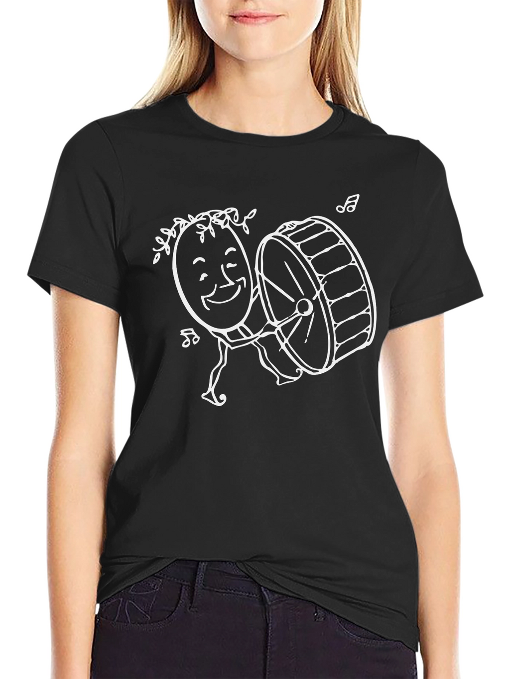 Music Lovers Black T-Shirt with Drummer Design