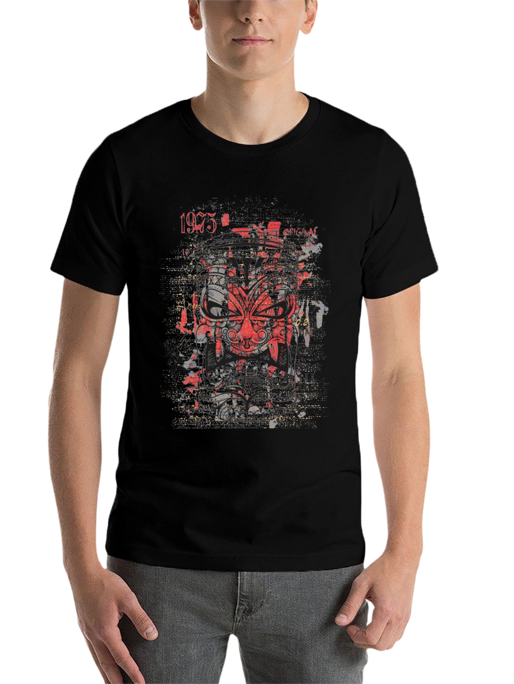 Graphic Tee: Red Tribal Mask Black Cotton Shirt