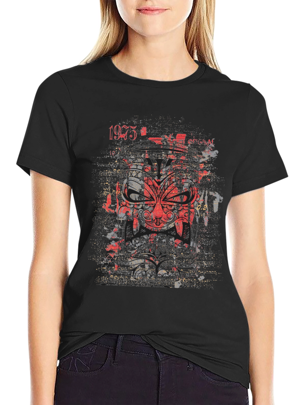 Graphic Tee: Red Tribal Mask Black Cotton Shirt
