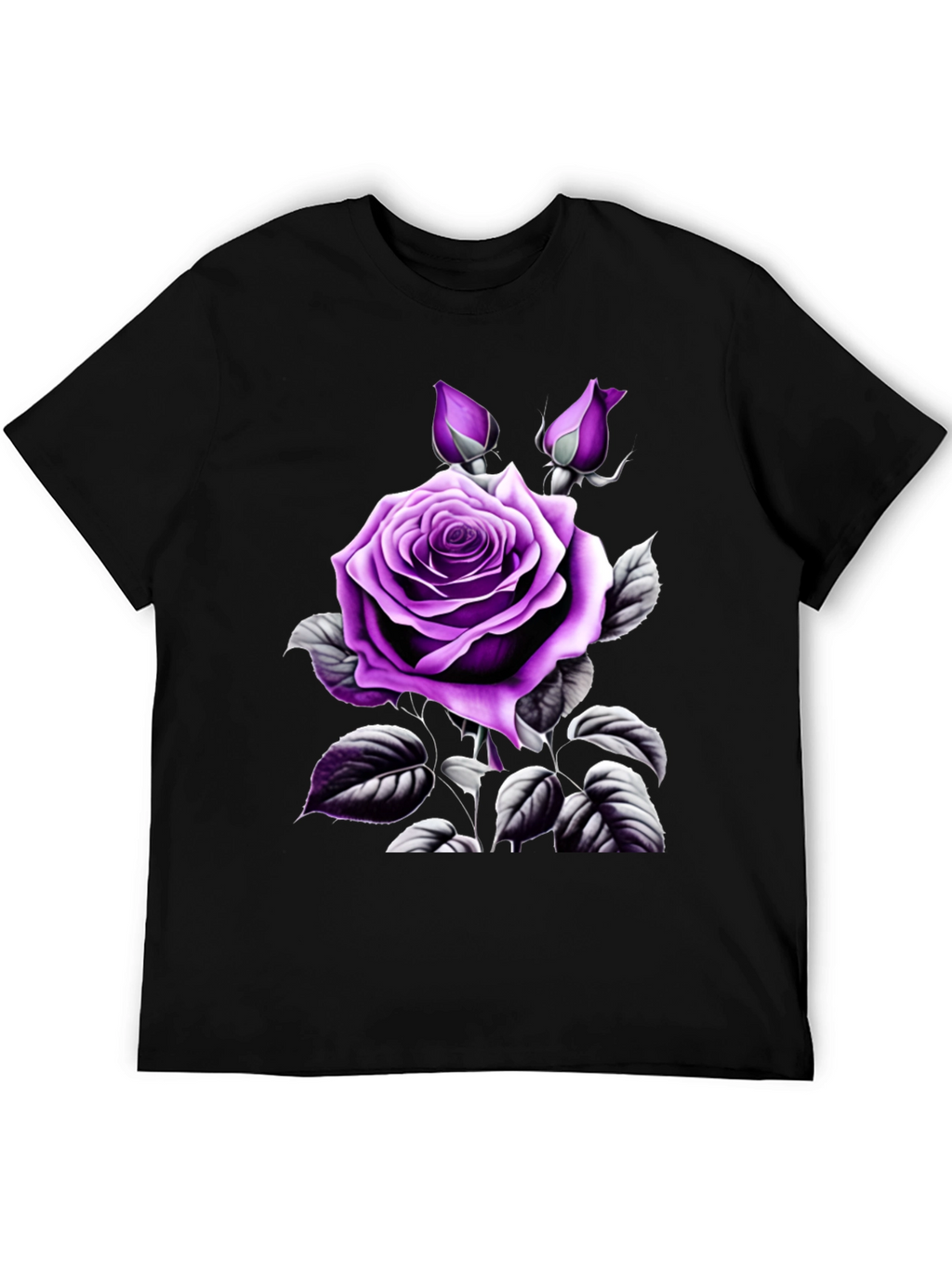 Mens Black T-Shirt with Purple Rose Graphic