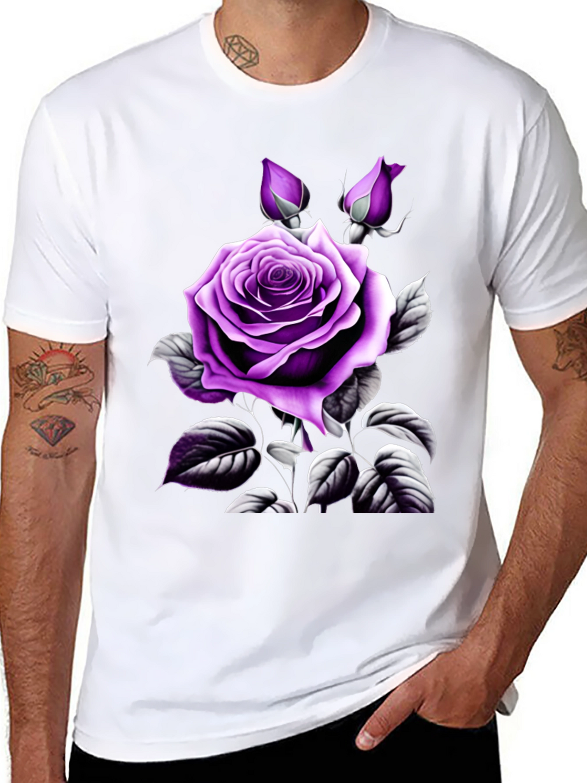 Mens Black T-Shirt with Purple Rose Graphic