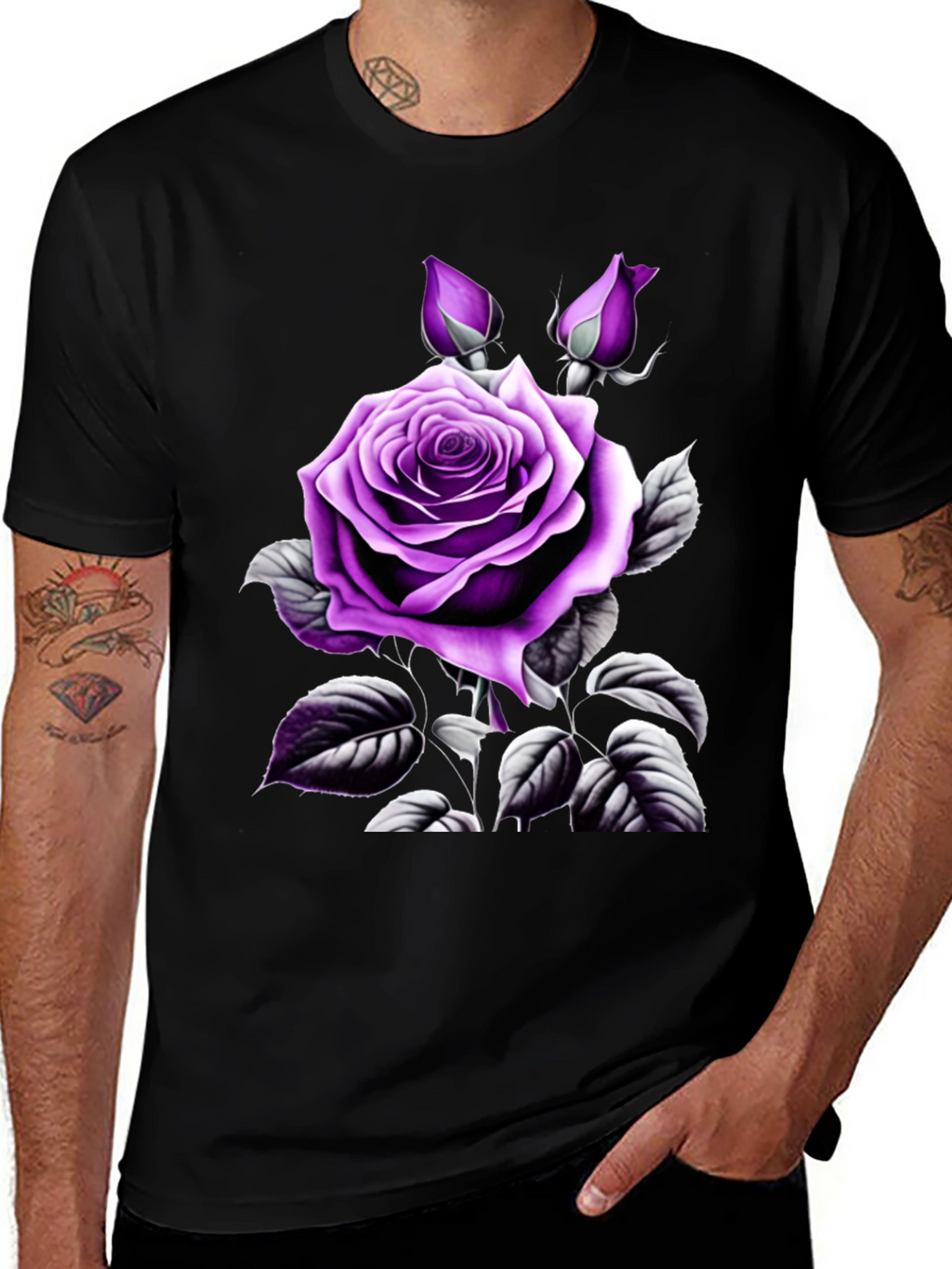 Mens Black T-Shirt with Purple Rose Graphic