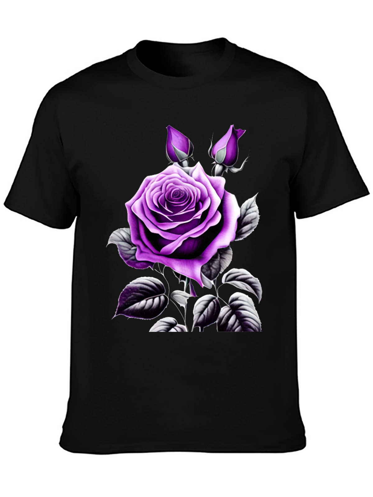 Mens Black T-Shirt with Purple Rose Graphic