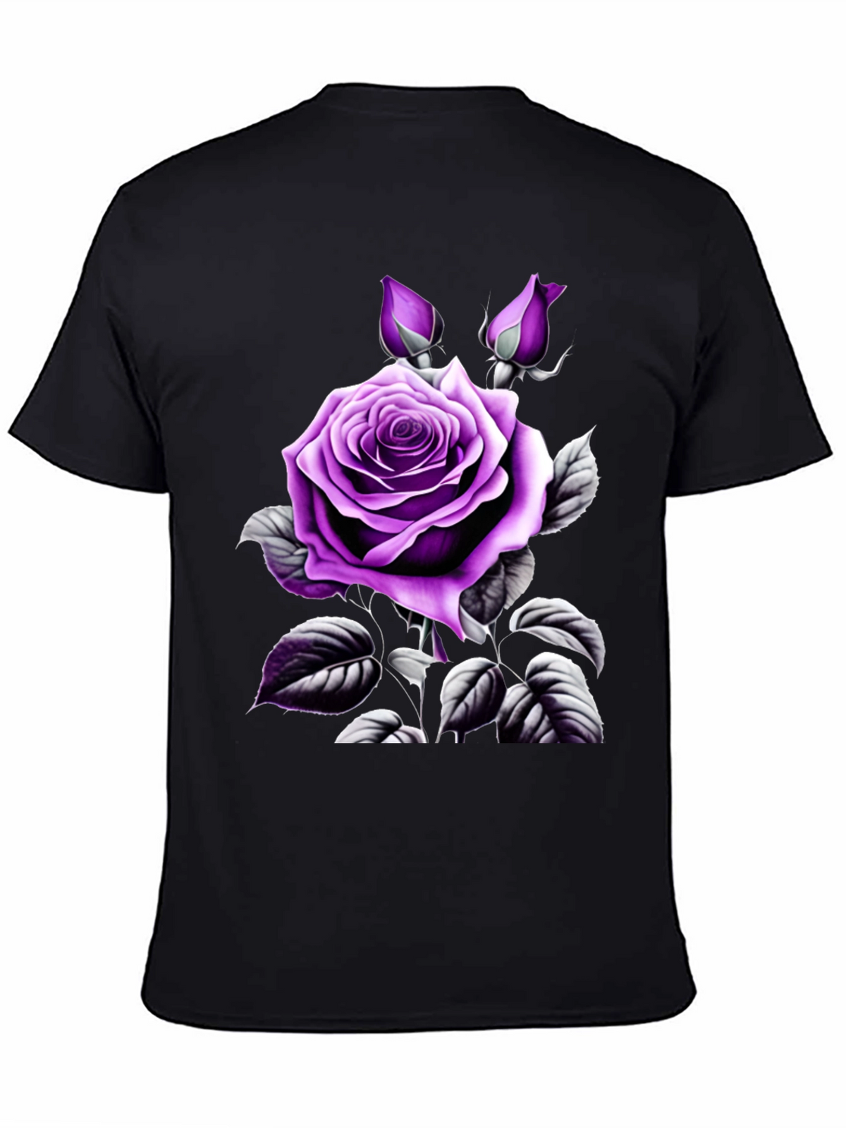 Mens Black T-Shirt with Purple Rose Graphic
