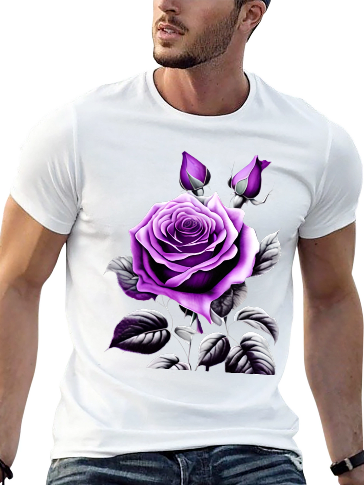Mens Black T-Shirt with Purple Rose Graphic
