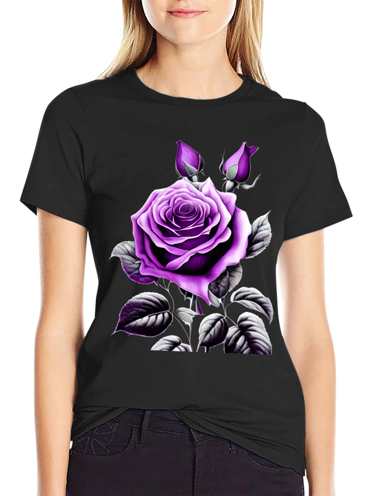 Mens Black T-Shirt with Purple Rose Graphic