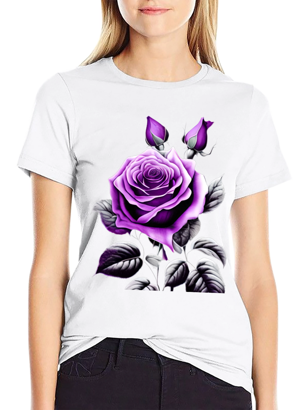 Mens Black T-Shirt with Purple Rose Graphic