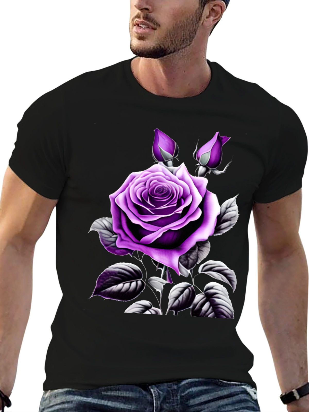 Mens Black T-Shirt with Purple Rose Graphic