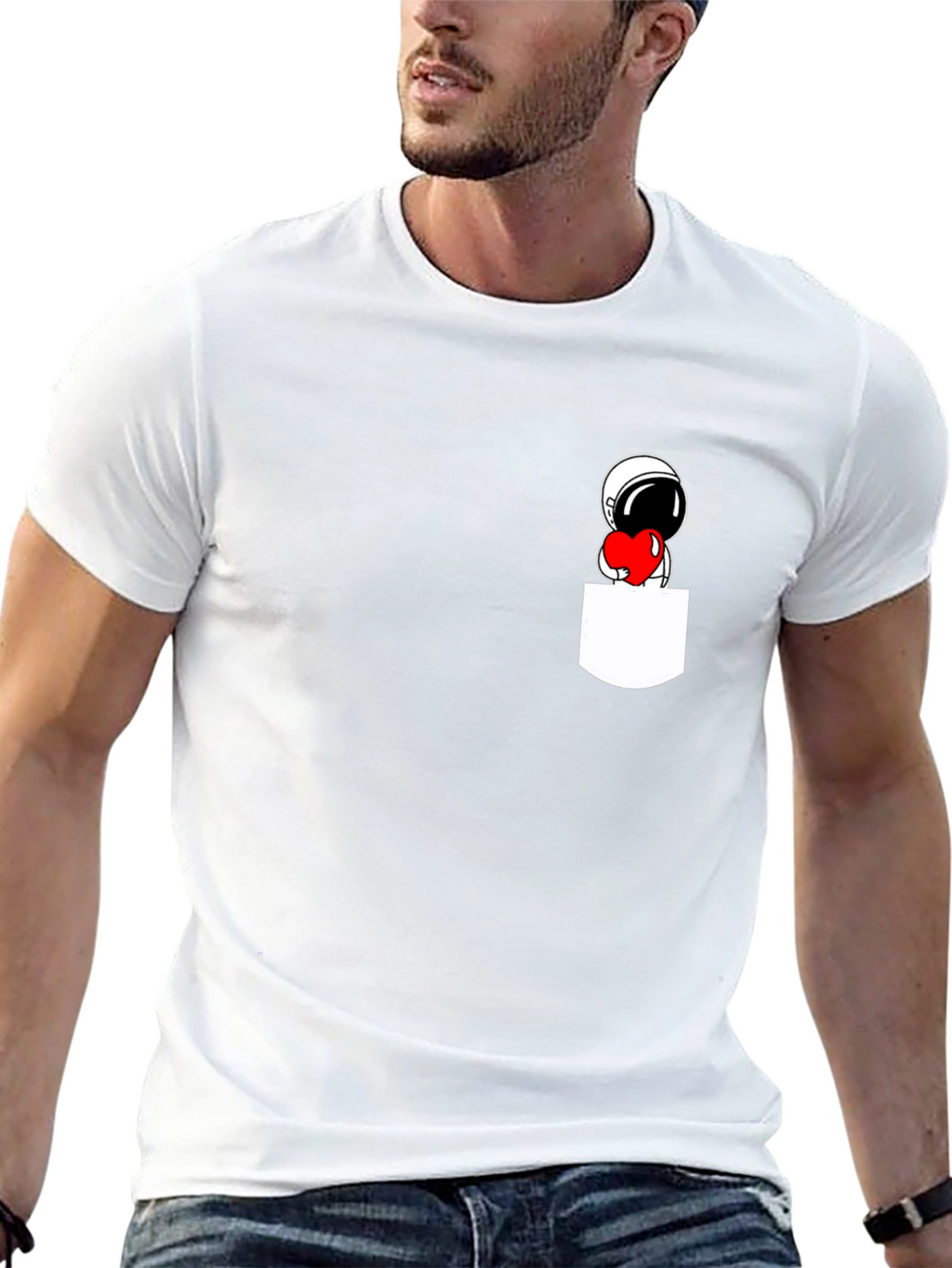 Astronaut Heart Pocket Black T-Shirt
