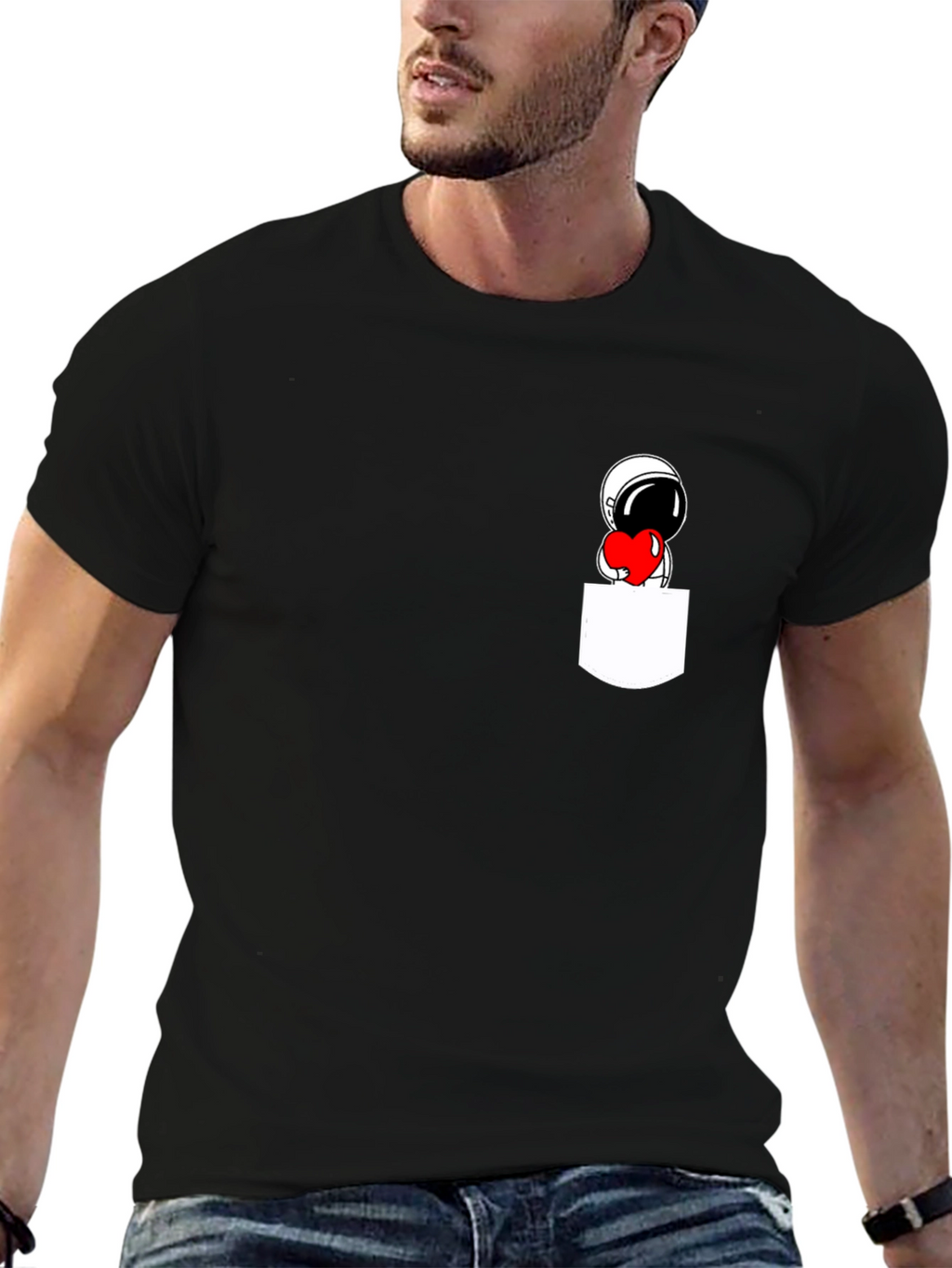 Astronaut Heart Pocket Black T-Shirt