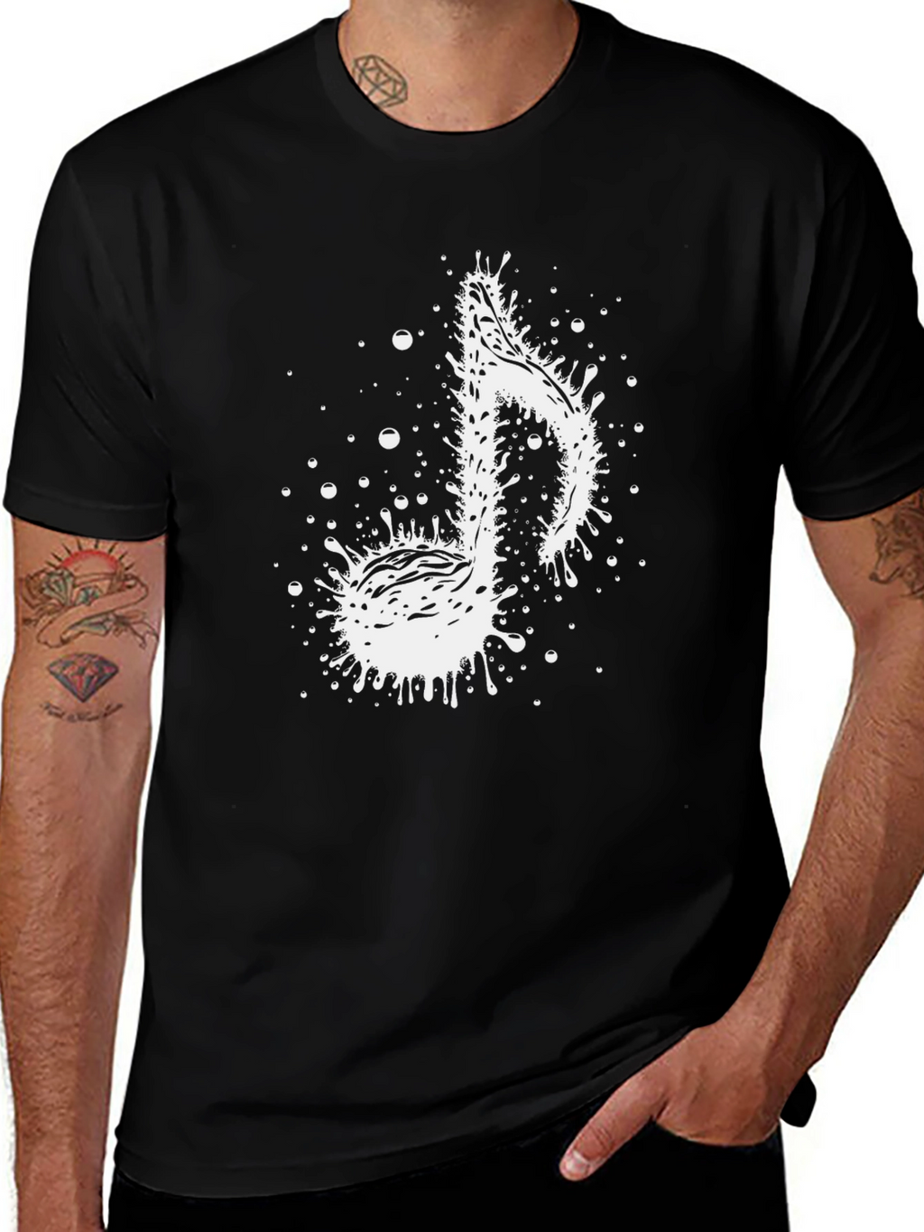 Music Note Splatter Graphic Tee - Stylish Black T-Shirt