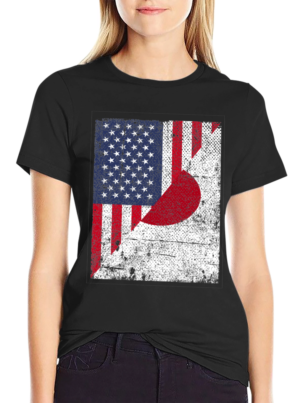 USA Japan Flag Graphic Print Black T-Shirt