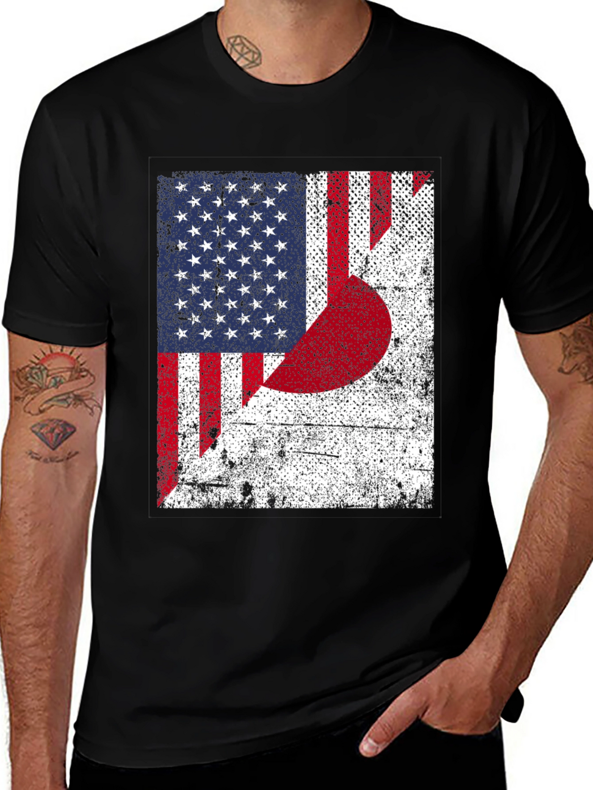 USA Japan Flag Graphic Print Black T-Shirt