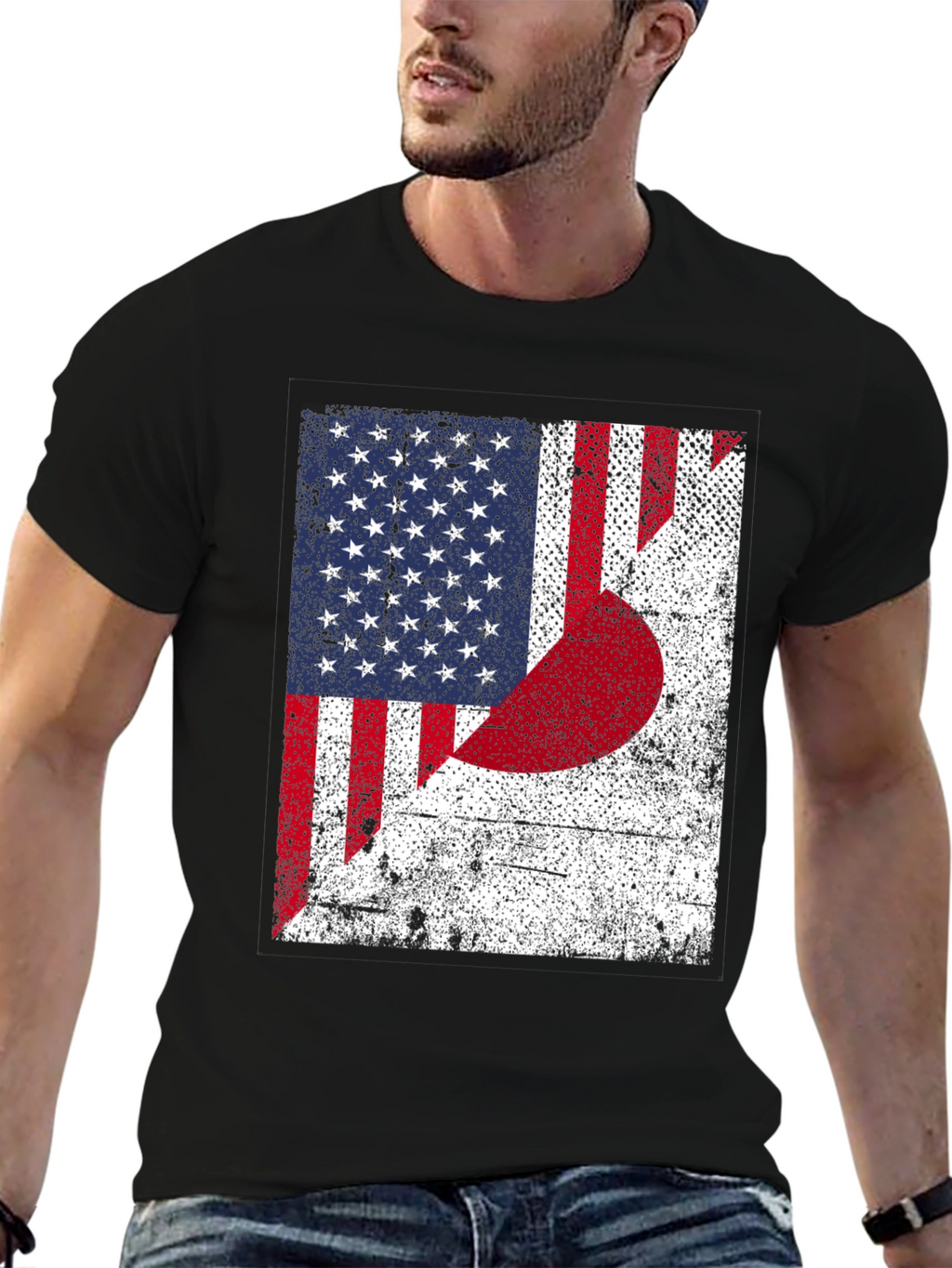 USA Japan Flag Graphic Print Black T-Shirt