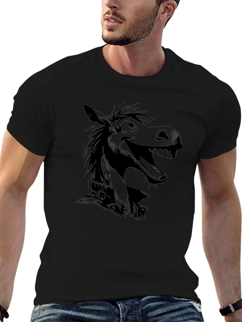 Cartoon Horse Graphic T-Shirt - Mens Black Tee