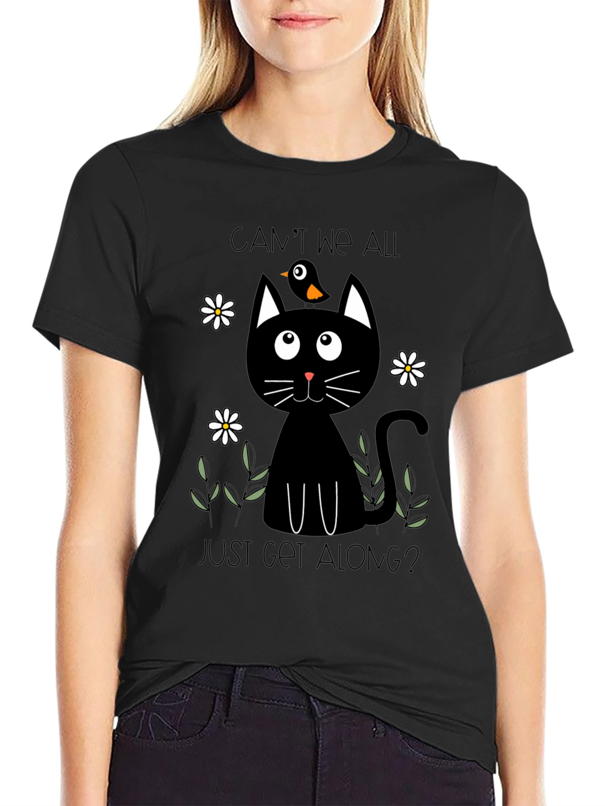 Cant We All Just Get Along? Black Cat T-Shirt