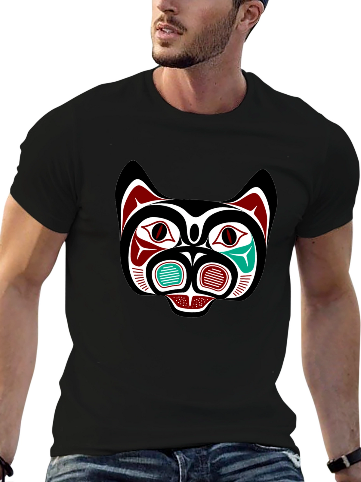 Tribal Bear Face Graphic Tee - Black