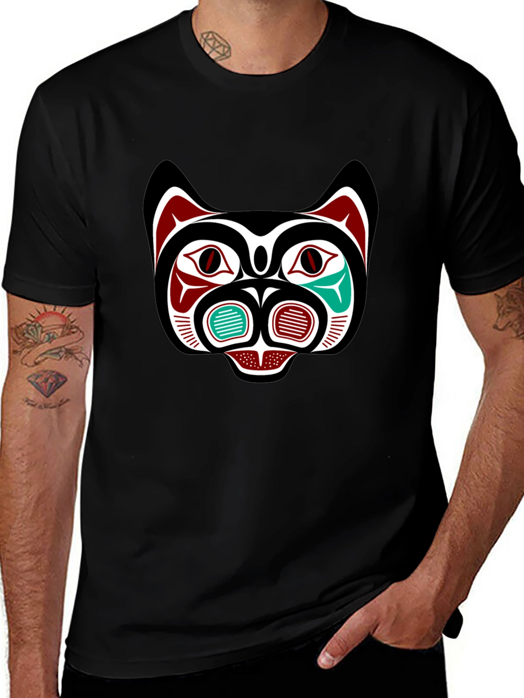 Tribal Bear Face Graphic Tee - Black