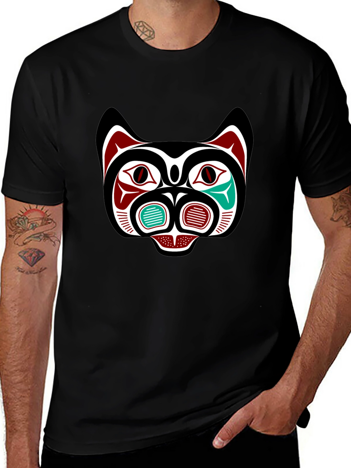 Tribal Bear Face Graphic Tee - Black