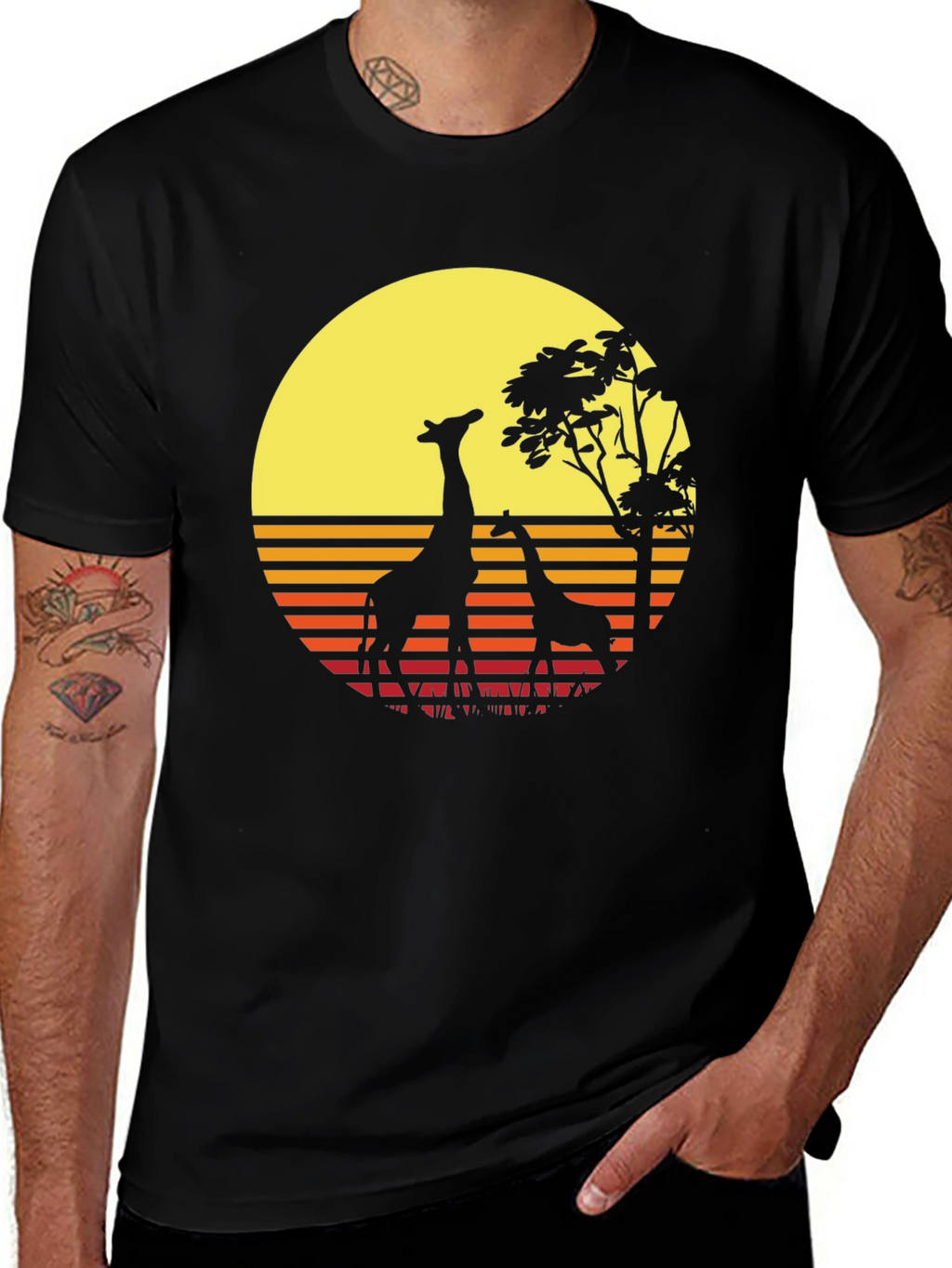 Retro Giraffe Sunset T-Shirt - Black
