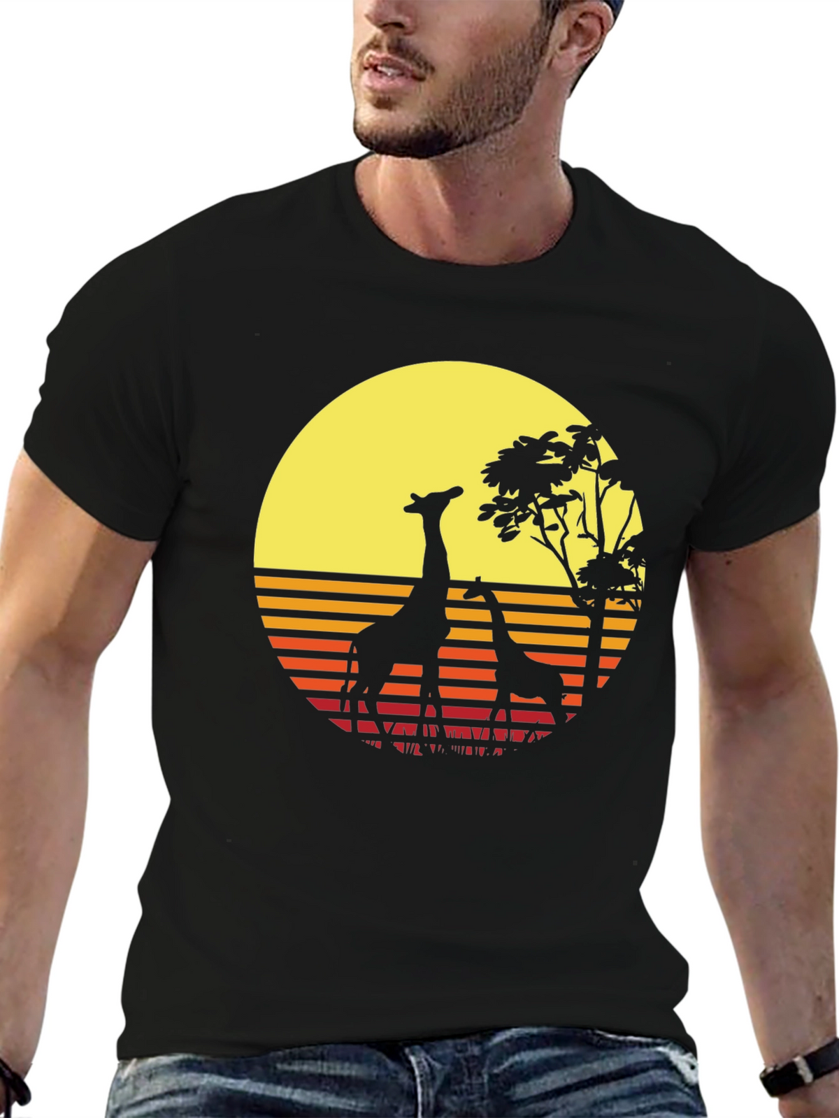 Retro Giraffe Sunset T-Shirt - Black