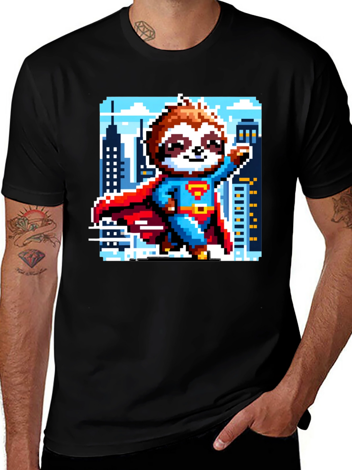 Pixel Sloth Superman T-Shirt - Heroic Comfort!