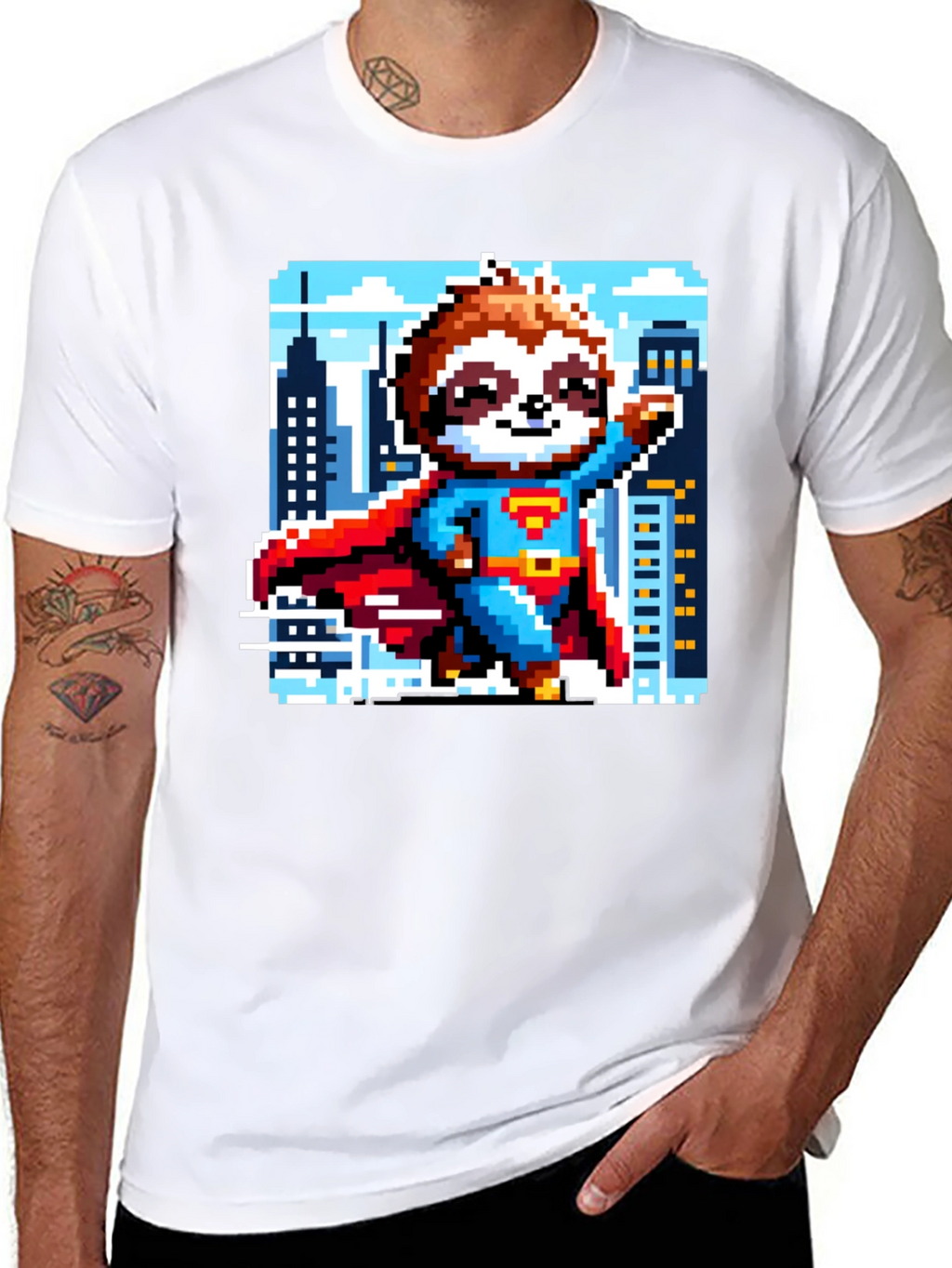 Pixel Sloth Superman T-Shirt - Heroic Comfort!