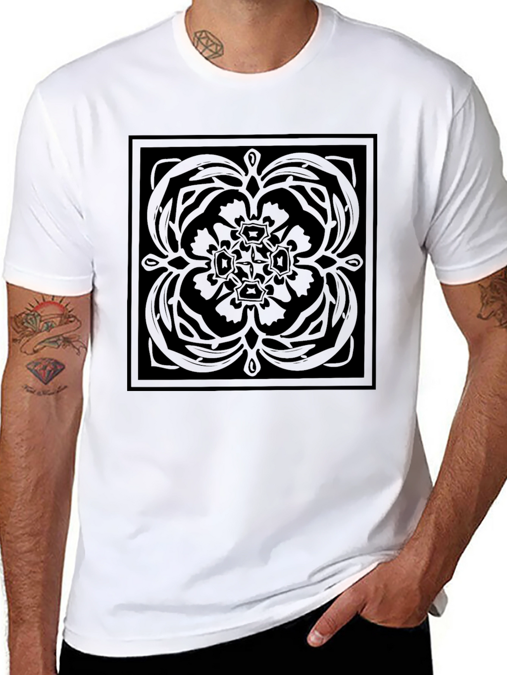 Stylish Black Graphic Tee - Square Floral Pattern