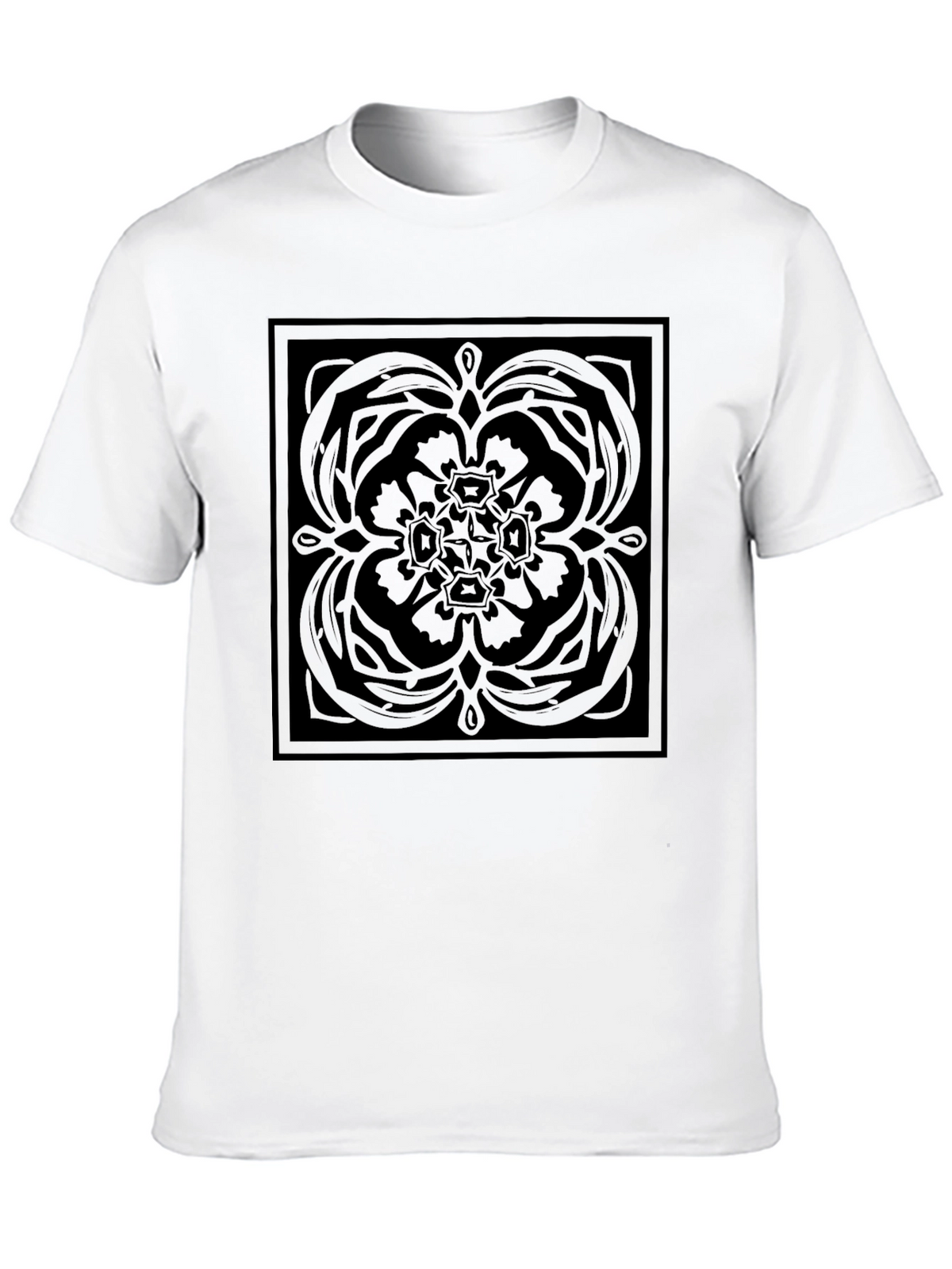 Stylish Black Graphic Tee - Square Floral Pattern