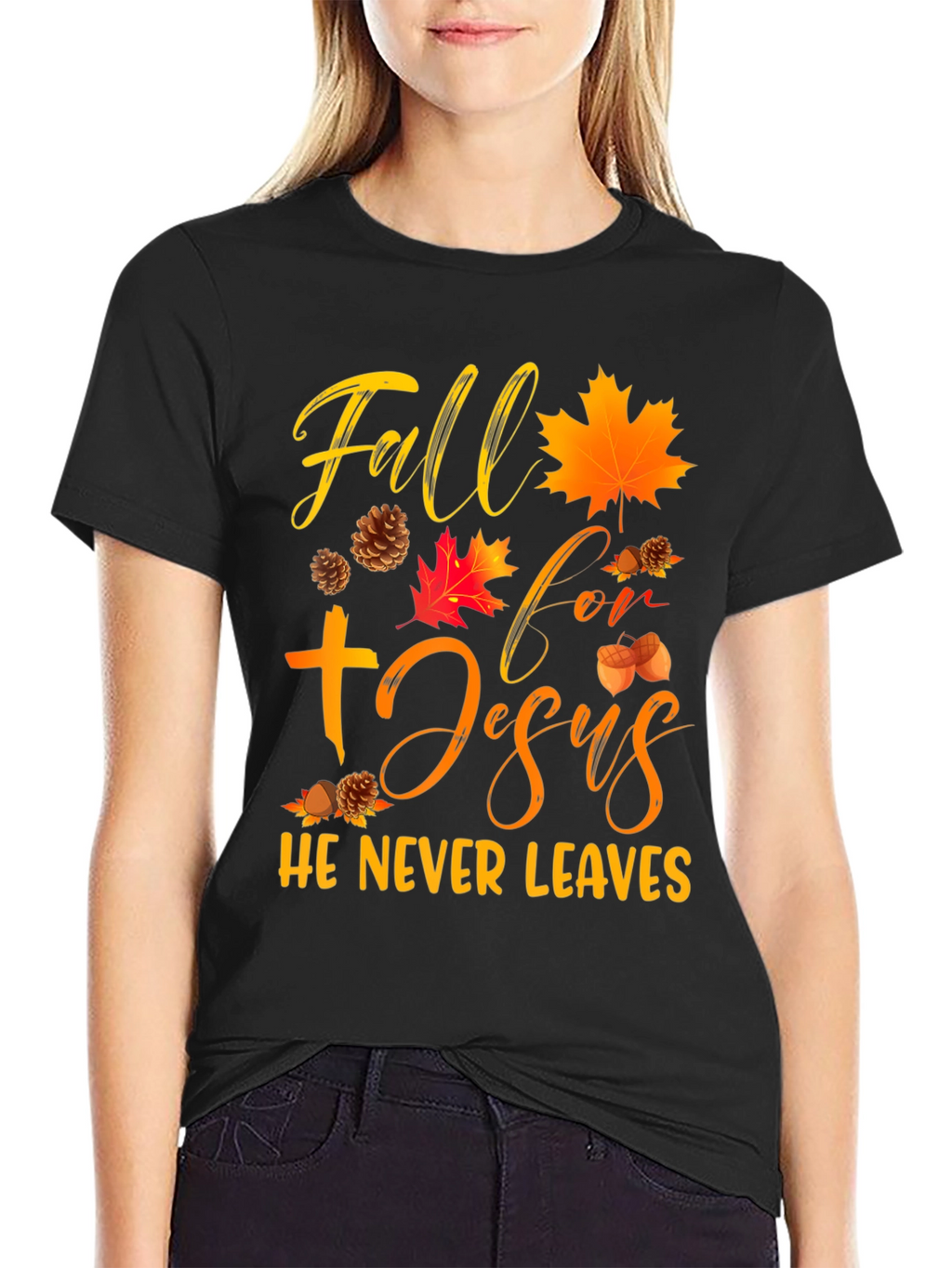 Fall For Jesus He Never Leaves Graphic Tee