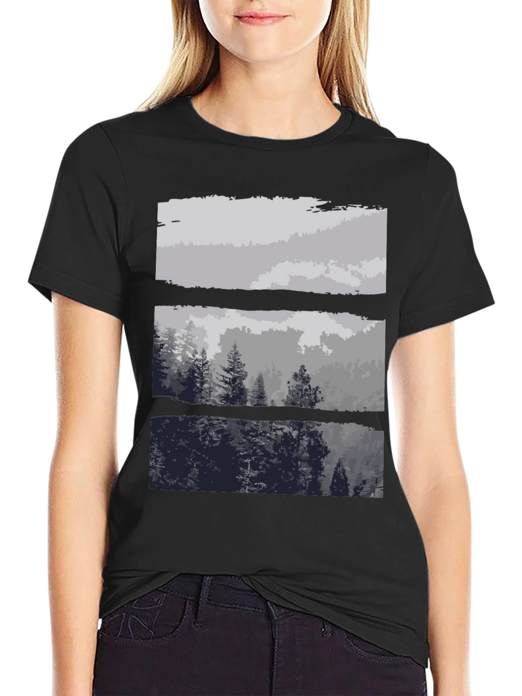Abstract Landscape Print Black T-Shirt