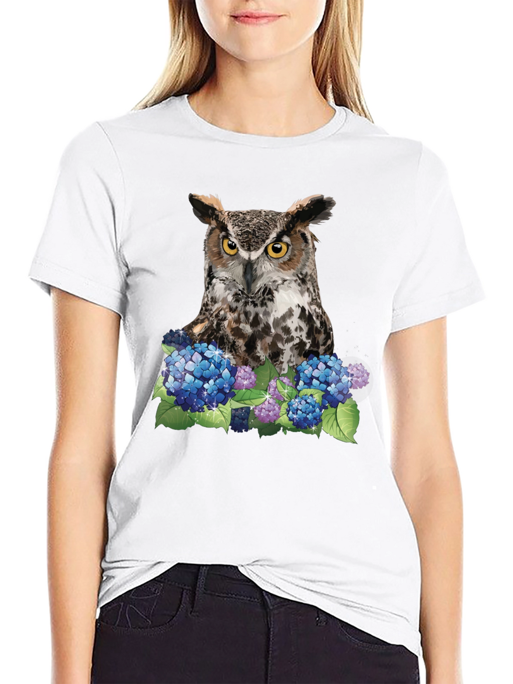 Owl and Hydrangea Graphic Tee - Nature T-Shirt